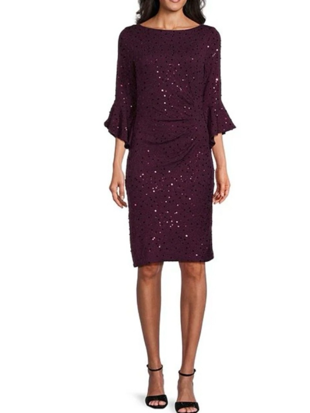 Jessica Howard Sheath Dress Purple Floral Lace Nude Lining 3/4 Bell Sleeves 12